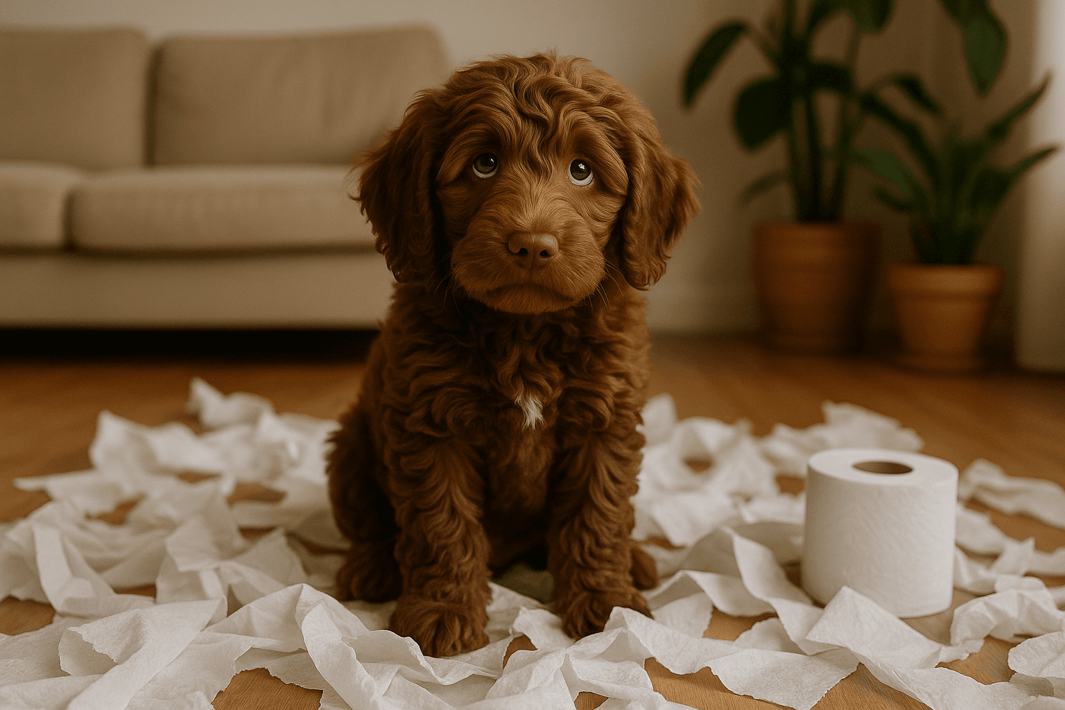 Labradoodle i papier toaletowy