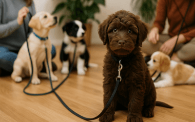 Labradoodle w psim przedszkolu na smyczy