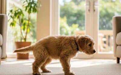 Szczeniak Labradoodle podczas nauki czystości