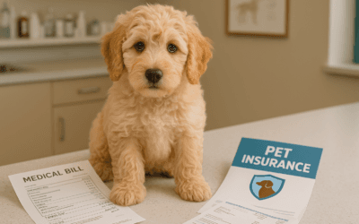 Australian Labradoodle u weterynarza przy temacie ubezpieczenia psa